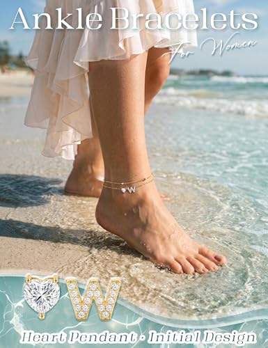 Kakonia Double Layer Initial Anklet for Women, 14K Gold Plated Heart Ankle Bracelet, Personalized A-Z Letter, Waterproof Non Tarnish Cubic Zirconia Dainty Adjustable Summer Beach Jewelry Gift - style: Letter W