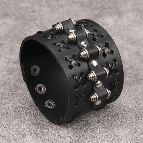 Jeilwiy Punk Leather Wristbands for Men Bracelets Handmade Wide Cuff Bangle Braided Jewelry Black Brown Adjustable - Punk Father's Gifts - color: 05 Leather Cuff Bracelet Black