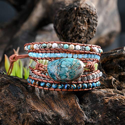 YGLINE Boho Handmade Natural Stone Wrap Bracelets Jasper Crystal Beads Bracelet Jewelry - color: green