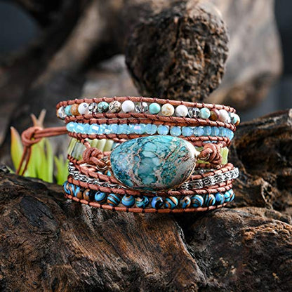 YGLINE Boho Handmade Natural Stone Wrap Bracelets Jasper Crystal Beads Bracelet Jewelry - color: green