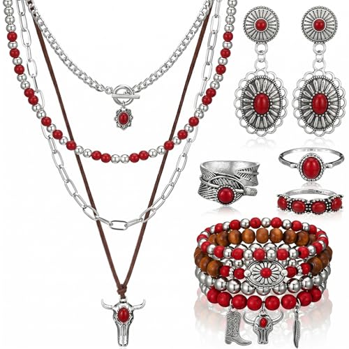 Ecally Bohemian Western Jewelry Turquoise Set Women Country Pendant Long Choker Layered Bracelets Earrings Ring for Women - color: Red, style: Layered
