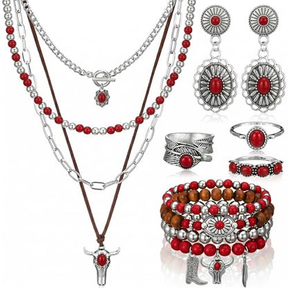 Ecally Bohemian Western Jewelry Turquoise Set Women Country Pendant Long Choker Layered Bracelets Earrings Ring for Women - color: Red, style: Layered