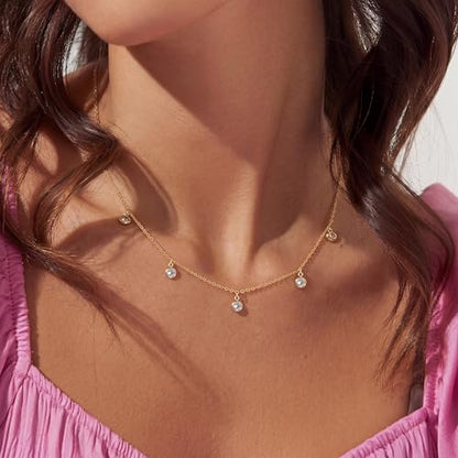 Tewiky Dainty 14k Gold Plated/Silver Cubic Zirconia Necklaces for Women, Simple CZ Jewelry Necklaces Trendy Gifts - color: Gold five drop CZ