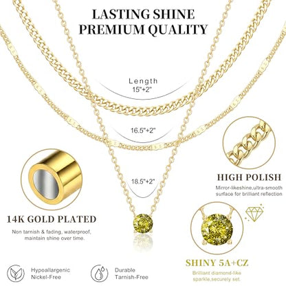 WomenGifts Layered Gold Necklaces for Women, 14K Gold Sterling Silver Plated Dainty Pendant Necklace Set Non Tarnish, Chunky Stackable Cuban Chain Choker, Trendy Birthstone Vacation Jewelry Gift - color: Gold, style: Cubic Zirconia-Created Peridot-Aug