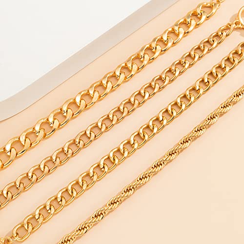 Boho Fashion Dainty Boho Gold Silver Chain Stackable Bracelets Set for Women Adjustable Beaded Coin Chunky Flat Cable Chain Punk Bracelets Jewelry for Women Gift Set of 4 - color: Gold