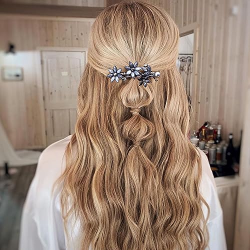 Joez Wonderful 2pcs Bridal Rhinestone Hair Clips Barrettes for Women, Blue | Alloy, 2.59x1.38in, Sparkly, Vintage, Diamond Barrettes with Pearls, Blue Flower, for Wedding, Parties, Birthday