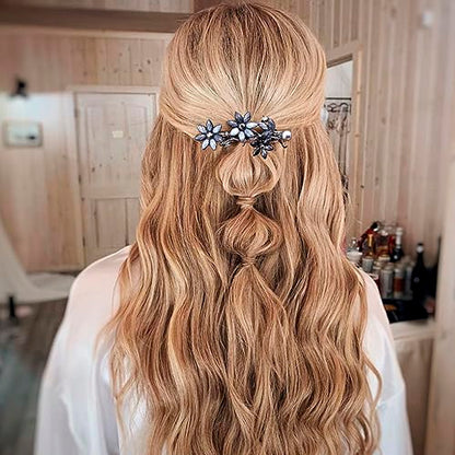 Joez Wonderful 2pcs Bridal Rhinestone Hair Clips Barrettes for Women, Blue | Alloy, 2.59x1.38in, Sparkly, Vintage, Diamond Barrettes with Pearls, Blue Flower, for Wedding, Parties, Birthday