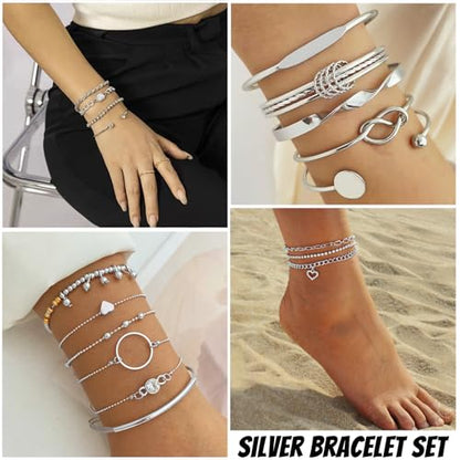 IFKM 6 PACK (24 PCS) Boho Gold Chain Bracelets Set for Women, 14K Gold Plated Multiple Layered Stackable Open Cuff Wrap Bangle Adjustable Link Italian Cuban Jewelry for Women Gift - style: 27PCS SILVER Thin Chain