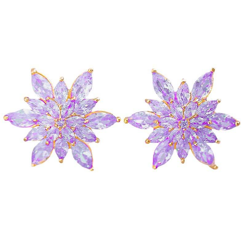 Crystal Flower Burst Stud Earrings Elegant Hypoallergenic Large Big Sparkly CZ Cubic Zirconia Rhinestone Earrings Bridal Wedding Party Prom Costume Jewelry for Women Birthstone Birthday Gift - color: Purple