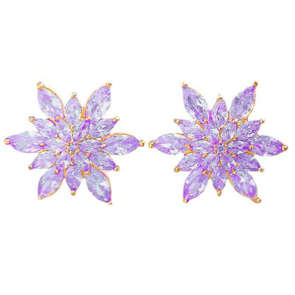 Crystal Flower Burst Stud Earrings Elegant Hypoallergenic Large Big Sparkly CZ Cubic Zirconia Rhinestone Earrings Bridal Wedding Party Prom Costume Jewelry for Women Birthstone Birthday Gift - color: Purple