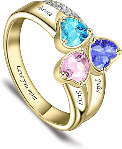 Custom Multi-Stone Family Ring 925 Sterling Silver/10K/14K/18K Gold Colored Personalized (2-8 stones) Birthstone Engraved Ring for Women Mom Wife Jewelry Gifts - style: Three Stone