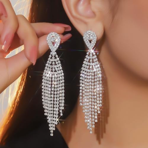 Rhinestone Earrings Prom Earrings for Women Sparkly Long Tassel Chandelier Drop Statement Earring Jewerly Gifts Wedding Party Prom Dresses Accessories - color: A1: silver prom earrings