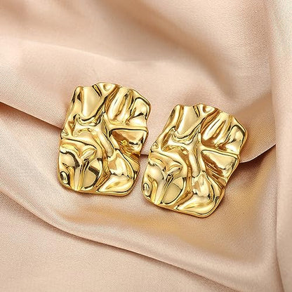 Geometric Rectangle Gold Plated Stud Earrings Irregular Hammered Chunky Statement Square Earrings for Women Trendy - color: Gold Rectangle