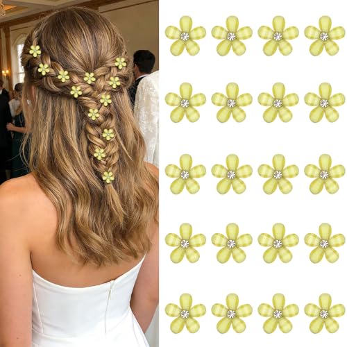 YISSION 20Pcs Mini Lime Green Plaid Flower Hair Clips, Rhinestone Decorative Hair Pins for Women and Girls Wedding Bridal Prom Daily Hairstyle Accessories - color: Lime Green