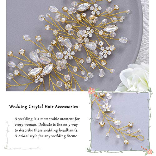 Bride Flower Wedding Hair Vine Crystal Bridal Hair Piece Rhinestone Party Hair Accessories Leaf Hair Jewelry Bead Headpiece for Women - color: Gold