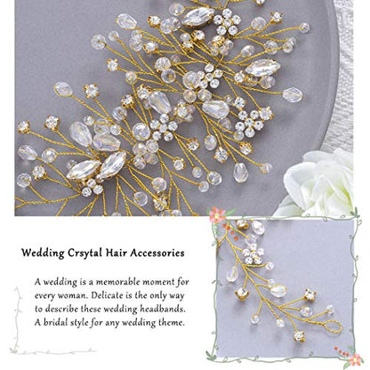 Bride Flower Wedding Hair Vine Crystal Bridal Hair Piece Rhinestone Party Hair Accessories Leaf Hair Jewelry Bead Headpiece for Women - color: Gold