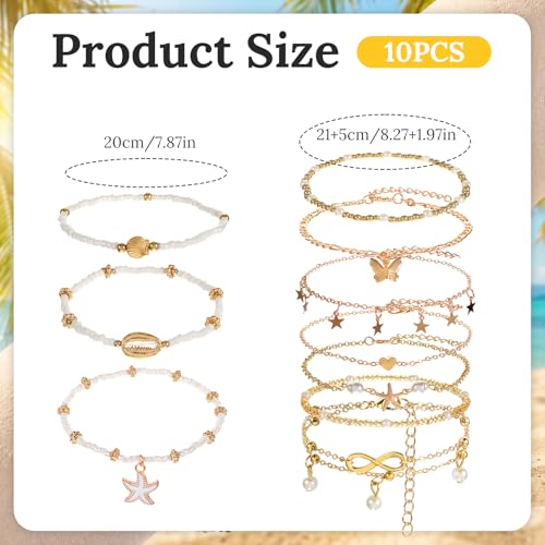 Tyqour 10PCS Anklets for Women Ankle Bracelets for Women Waterproof Bohemian Pearl Women's Anklets Gold White Adjustable Layered Chain Summer Beach Foot Jewelry Gift Set Plus Size 8.27+1.97 Inch