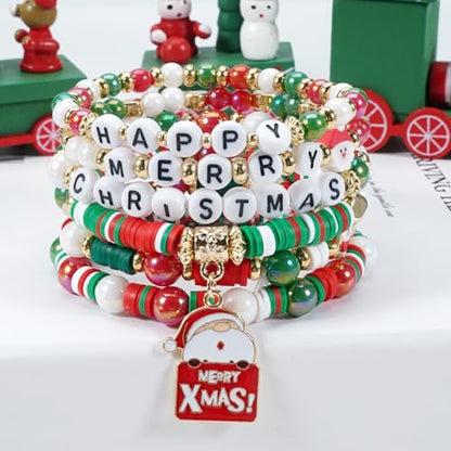 Ardorchid Halloween Bracelets for Women Pumpkin Ghost Steleton Bat Skull Beaded Stackable Stretchy Bracelet Rugby Thanksgiving Christmas Heishi Bracelets - color: Christmas Bracelets-5