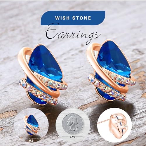 Gifts for Women, Wish Stone Stud Earrings with Birthstone Crystals, 18K Rose Gold Plated or Silver-tone - color: 109-September-Sapphire Blue-Rose Gold Plated