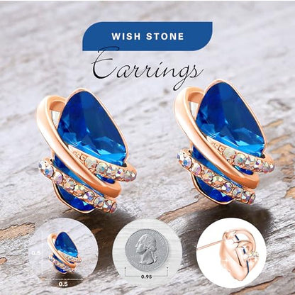 Gifts for Women, Wish Stone Stud Earrings with Birthstone Crystals, 18K Rose Gold Plated or Silver-tone - color: 109-September-Sapphire Blue-Rose Gold Plated