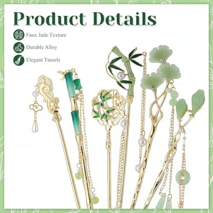 6Pcs Chinese Hair Pins, Gold White Japanese Hair Stick with Pearl Flower Bamboo Leaves Design, Retro Asian Gold Metal Hair Sticks Pins, Hair Bun Updo Holders Hair Chopstick Accessories for Women