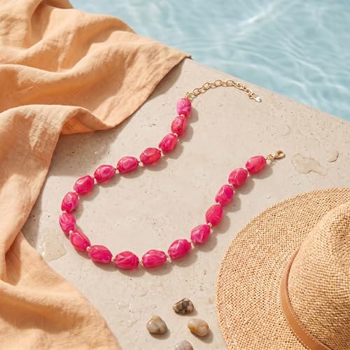 Boho Chunky Beaded Necklace for Women Lightweight Resin Beads for Summer Beach & Vacation Trendy Statement Jewelry Gift for Her - color: Rose Red