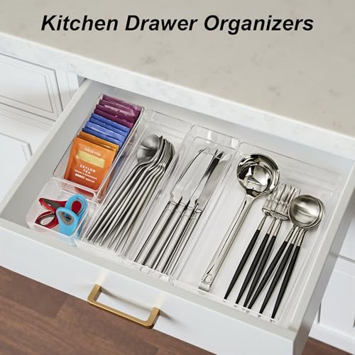 SMARTAKE 25 PCS Drawer Organizer, 4-Size Desk Drawer Organizer Trays | Storage Tray with Non-Slip Silicone Pads for Makeup, Jewelries, Utensils in Bedroom Dresser, Office and Kitchen (Clear) - style: 25 PCS