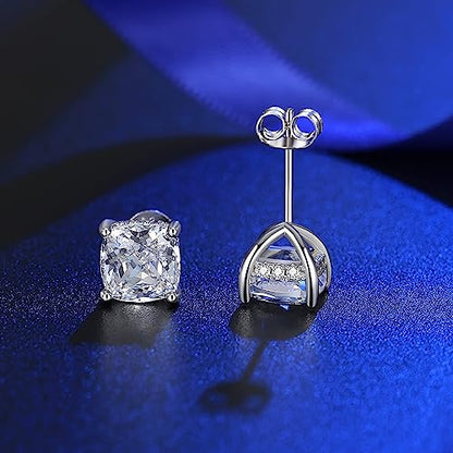 925 Sterling Silver 2-4 Carat Lab Simulation-Diamond Stud Earrings 5A Cubic Zirconia Stud Earrings Hypoallergenic White Gold Plated, Perfect Jewelry Gifts - style: Cushion Cut 7MM