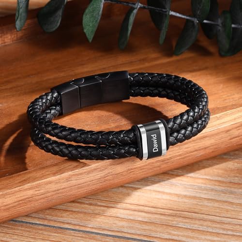 Personalized Braided Leather Bracelet with Photo Custom Name Beads Cuff Bangle Jewelry Gifts for Men Dad Husband Grandpa Fathers Day - color: Style 4-7.5inch