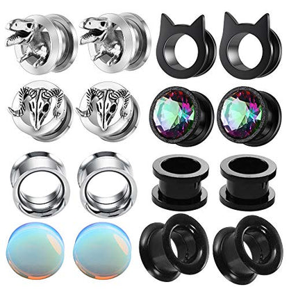 TIANCI FBYJS 8 Pairs CZ Gems Ear Tunnels Plugs Gauges Stainless Steel Tyrannosaurus Expander Stretcher Piercings Opal Glass Silicone Black Dinosaur - style: 6mm=2g