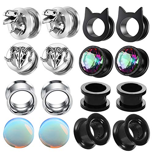 TIANCI FBYJS 8 Pairs CZ Gems Ear Tunnels Plugs Gauges Stainless Steel Tyrannosaurus Expander Stretcher Piercings Opal Glass Silicone Black Dinosaur - style: 10mm=00g