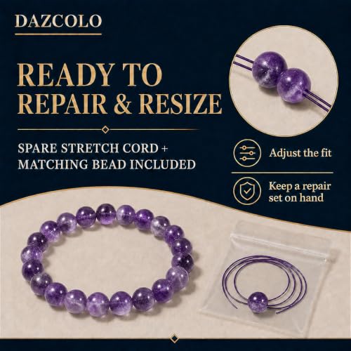 8mm Natural Crystal Stretch Bracelet | Handmade Round Stone Bead Bracelet, Runs Large, Meditation Yoga Gift for Women & Men - color: Dog Teeth Amethyst