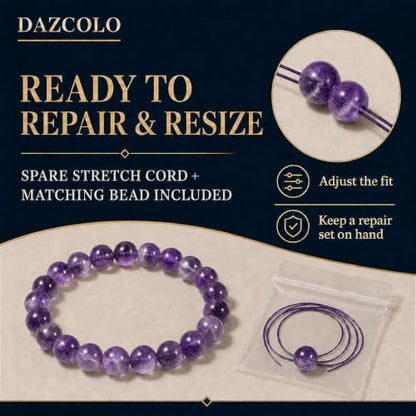 8mm Natural Crystal Stretch Bracelet | Handmade Round Stone Bead Bracelet, Runs Large, Meditation Yoga Gift for Women & Men - color: Dog Teeth Amethyst