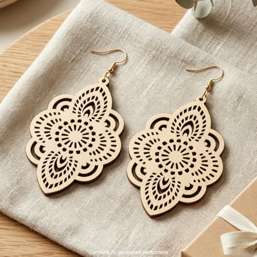 Boho Black Filigree Dangle Earrings for Women, Lightweight Hollow Lace Drop, Wood, 3.34" x 1.69", Bohemian Jewelry - color: Beige