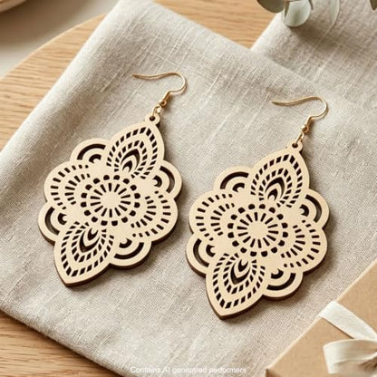 Boho Black Filigree Dangle Earrings for Women, Lightweight Hollow Lace Drop, Wood, 3.34" x 1.69", Bohemian Jewelry - color: Beige
