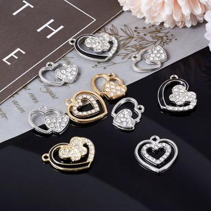 Elecrelive Crystal Heart Charms Rhinestone Heart Pendants Valentine Charms for Necklace Bracelet Earring Wedding Jewelry - color: Gold Silver, 24pcs