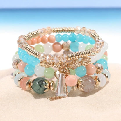 Caiyao 4Pcs Bohemia Multilayer Stackable Beaded Bracelets Set Colorful Crystal Stone Gold Beaded Stretch Bracelets Hawaii Charm Bracelet for Women Men Summer Beach Boho Vacation Jewelry Gifts - color: Mix