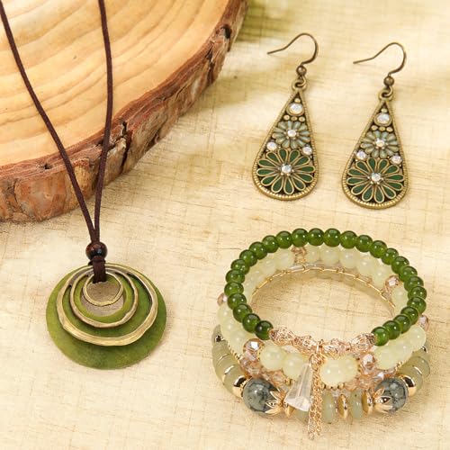 Western Jewelry Sets for Women Boho Jewelry, Layer Bohemian Necklace Earrings Bracelet, Cowgirl Accessory Rodeo Summer Beach - color: Green