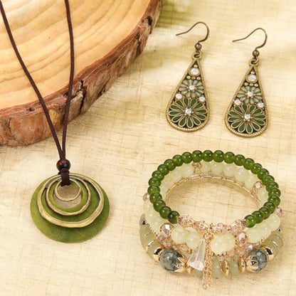 Western Jewelry Sets for Women Boho Jewelry, Layer Bohemian Necklace Earrings Bracelet, Cowgirl Accessory Rodeo Summer Beach - color: Green
