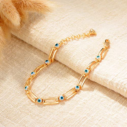LOYATA Chain Bracelet Gold Link 14K Gold Plated Dainty Pearl Bracelet Simple Jewelry Gift for Women - style: bule evil eye