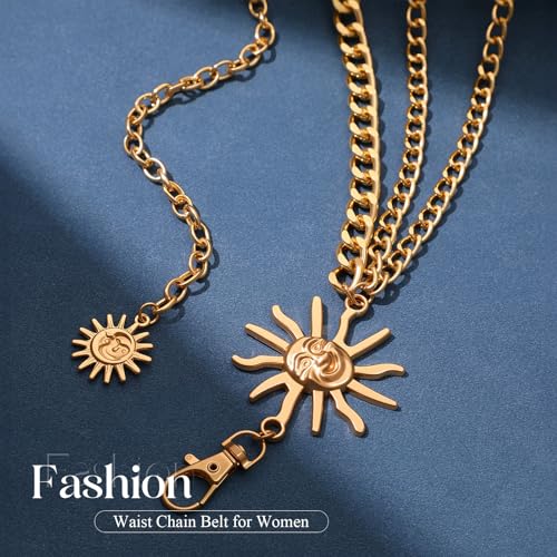 Chain Belt for Women Fashion Metal Waist Chain Belt for Dress Jeans - size: Fit Waist Up to 35'', style: Gold-sun