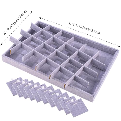 24 Grid Jewelry Tray Velvet Jewelry Display Tray with Removable Dividers | Jewelry Organizer Stackable Trays for Earrings Necklaces Bracelet Rings Display Showcase - Grey - color: Grey
