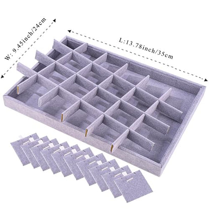 24 Grid Jewelry Tray Velvet Jewelry Display Tray with Removable Dividers | Jewelry Organizer Stackable Trays for Earrings Necklaces Bracelet Rings Display Showcase - Grey - color: Grey