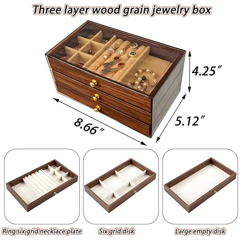 3-Layer Wood Grain Jewelry Box with mezzanine, Stackable Jewelry Organizer with Velvet Lining, Dustproof Jewelry Storage Case for Rings, Necklaces, Earrings, Bracelets (12)