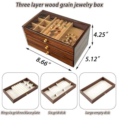 3-Layer Wood Grain Jewelry Box with mezzanine, Stackable Jewelry Organizer with Velvet Lining, Dustproof Jewelry Storage Case for Rings, Necklaces, Earrings, Bracelets (12)
