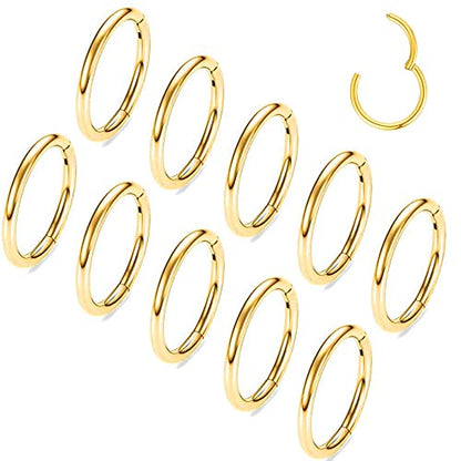MOQIKAKA16G 18G 20G Surgical Steel Nose Septum Rings Hoops - Stainless Steel Hinged Clicker Segment Nose Rings Hoop Helix Cartilage Daith Tragus Sleeper Earrings, Ear Plugs Tunnels Gauges - color: Classic Gold 10PCS, size: 16g 10mm