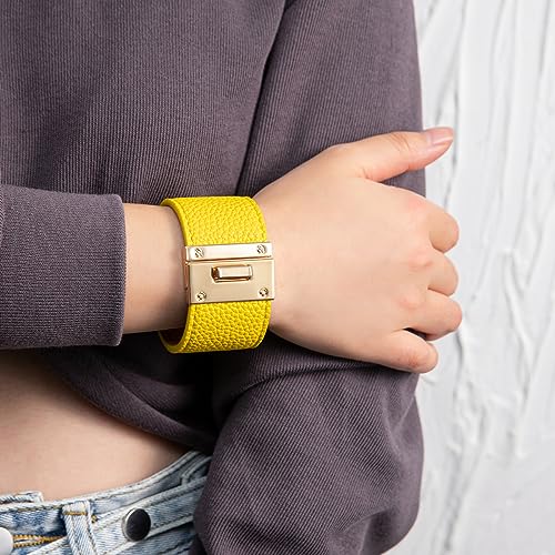 Rantanto Leather Wrap Bracelets For Women Gold Twist Lock Buckle Wrist Cuff | PU leather,Skin-friendly,Boho Stackable Wristband,Fashion Daily Jewelry,Trend Casual Party Bangle,Fit For Birthday, Holiday - color: Wide Yellow