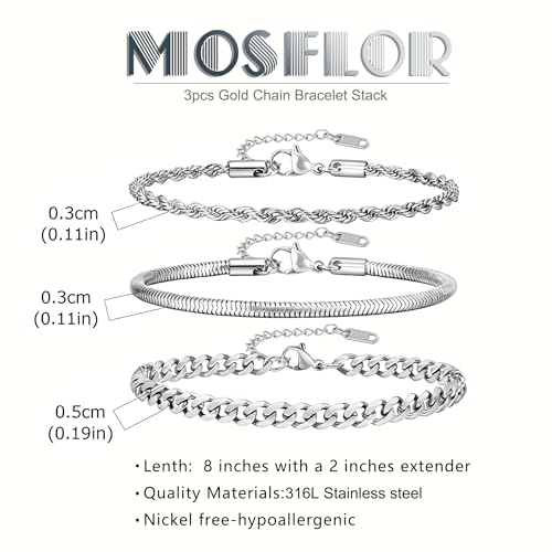 Mens Bracelet - Dainty Gold/Silver Chain Bracelet Stack 14K Gold Plated Silver Bracelets for Men Stainless Steel Adjustable Cross Charm Cuban Link Bracelet Snake Jewelry Set to Men Dad Birthday Day - color: S2, size: 8+2 Inch