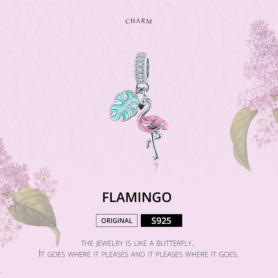 Hummingbird Charms For Bracelets 925 Sterling Silver Animal Dangle & Beads Butterfly Cat Beads Charms For Women Jewelry Gift - color: Red flamingo
