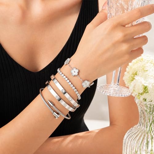 18K Gold Plated Love Bangle Bracelet Stack for Women, Adjustable Clover Bracelet & CZ Tennis Chain Set, Stackable Layered Jewelry, Fade Resistant, Long-Lasting Luster for Daily Wear & Gift - color: 5Pcs Silver